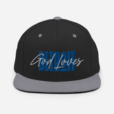 God Loves Detroit Snapback Hat - Blue Text